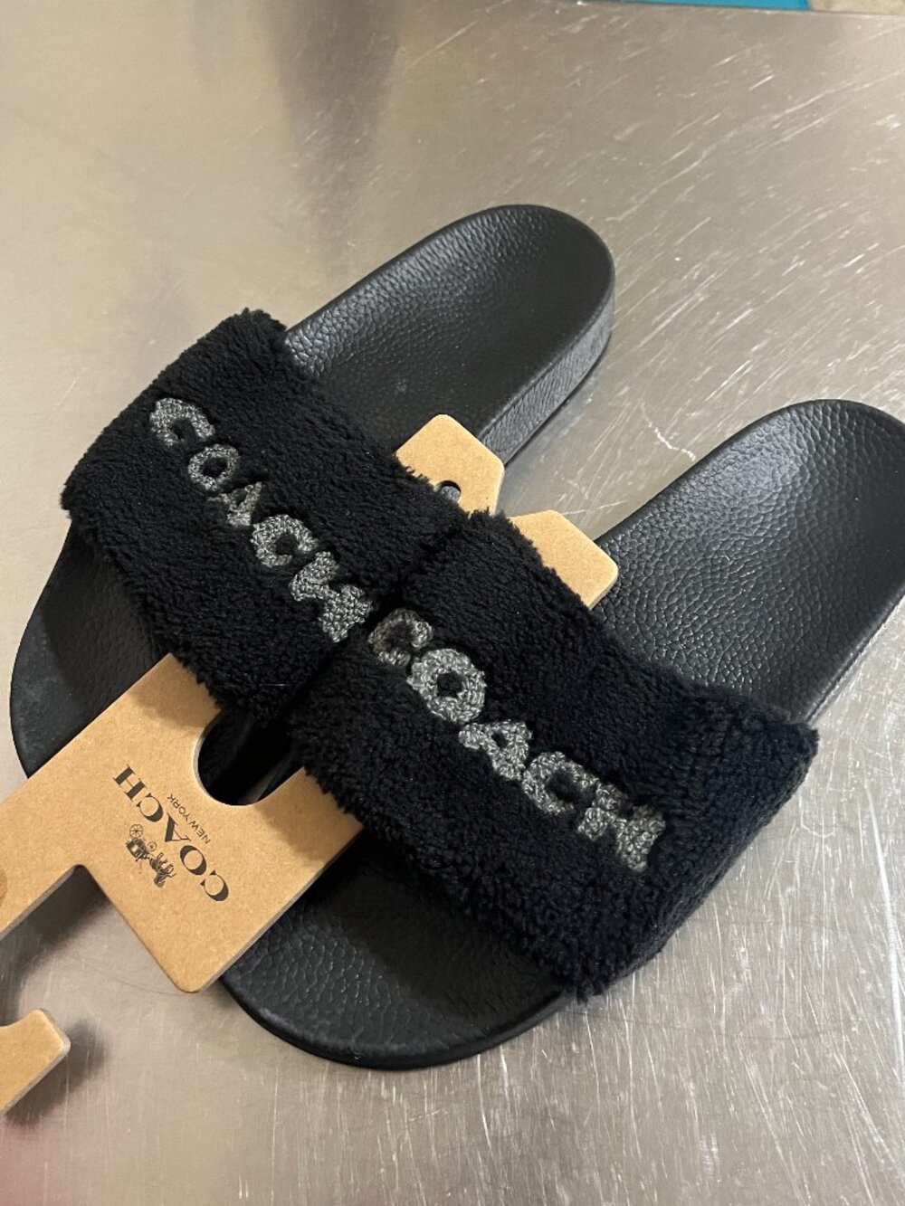 COACH Slides Size 9D Black Shearling with COACH spelled-out NWOT